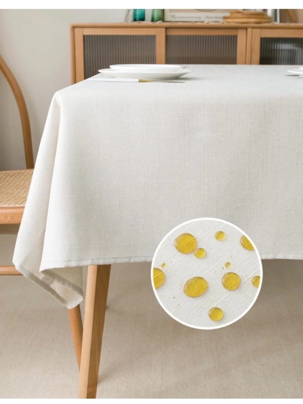 Ivory Faux Linen Slubby Texture Tablecloth Water-Resistant Rectangular 96x54”
